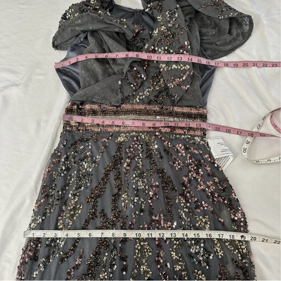 NWT $698 Mac Duggal [‎ 8 ] Cape Sleeve Embellished Gown in Charcoal Multi Gold - Picture 13 of 15